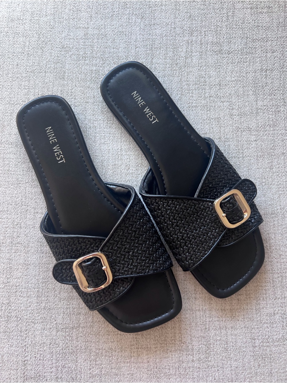 Nine West Woven Slide Sandals with Gold Buckles